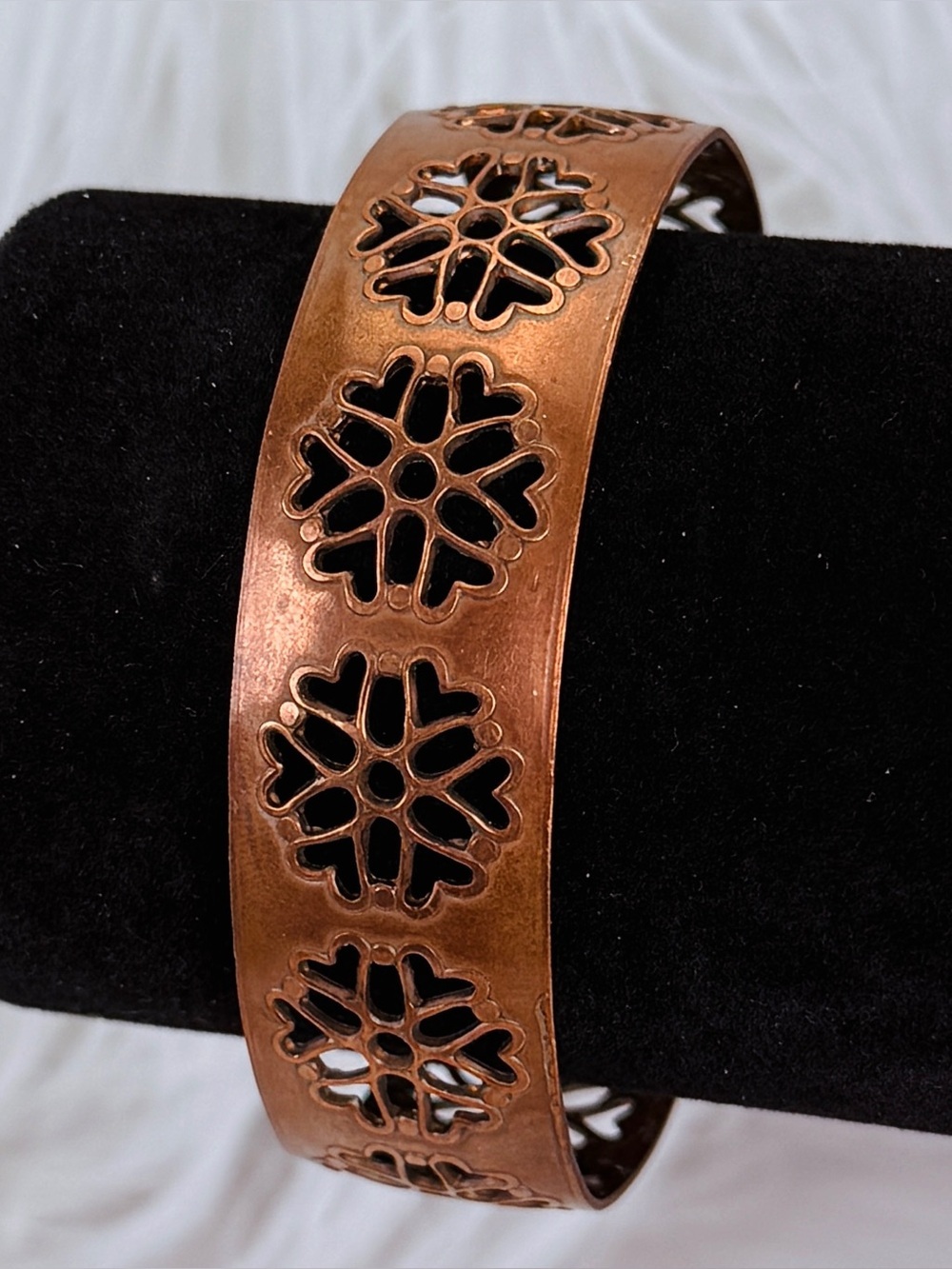 Vintage Copper Tone Heart Cutout Floral Cuff Bracelet Boho Folk Art Wide